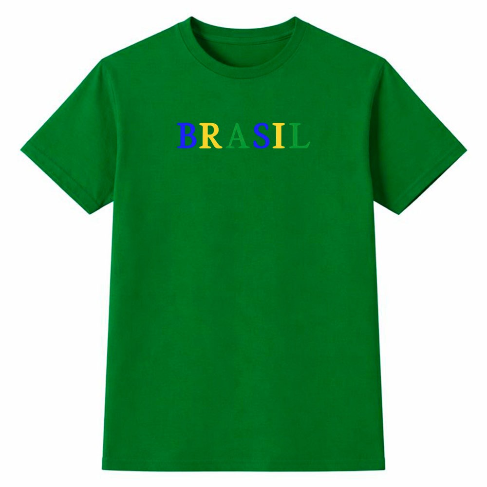 Camiseta Masculina 100% Algodão Camisa Brasil Tipografia Colorida Futebol Copa Torcida Moda Casual