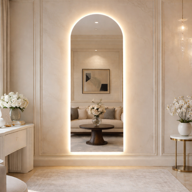 Espelho Oval Base Reta com LED Luxo Design Moderno Decorativo Parede