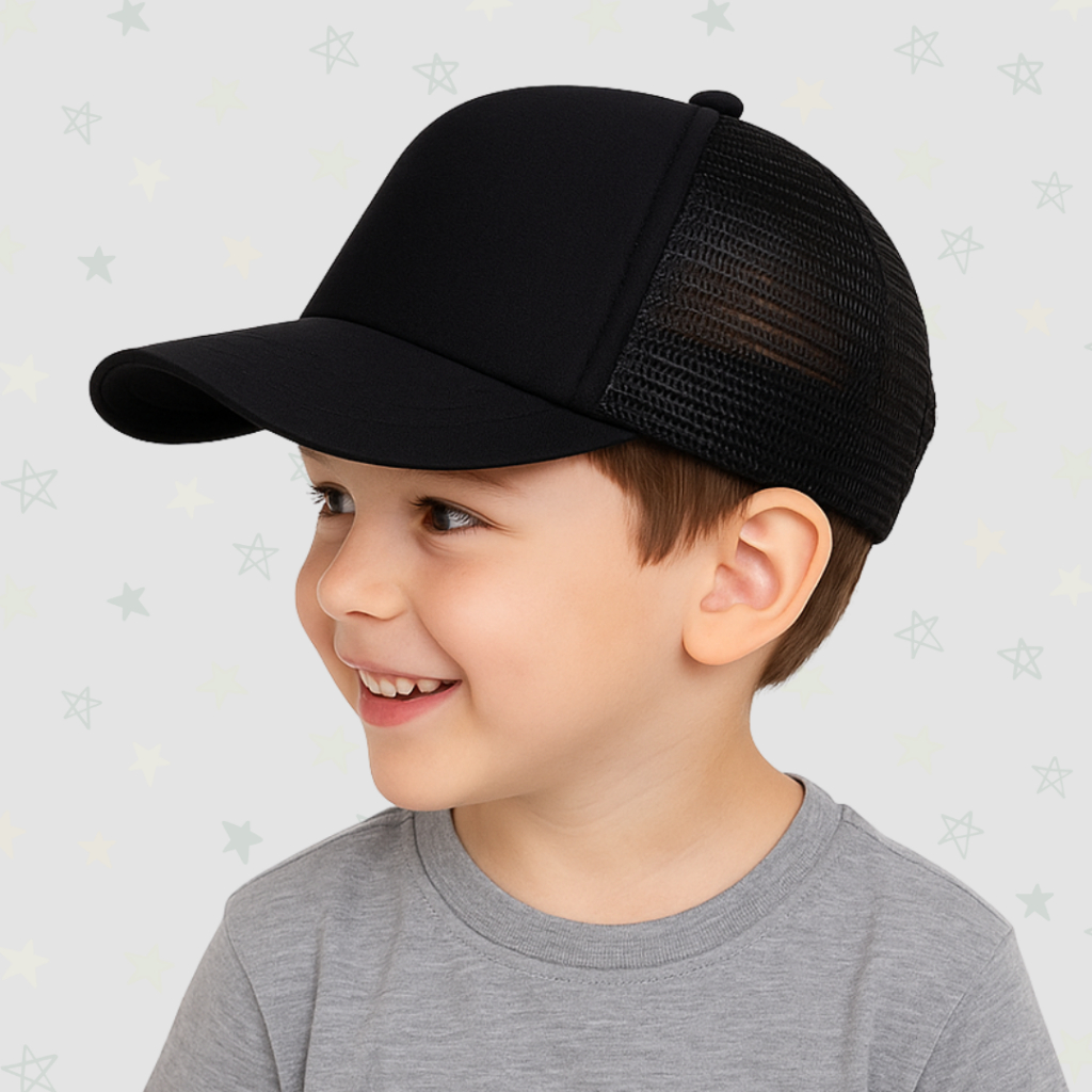 Boné Infantil Trucker Unissex Preto Liso Com Ajuste Tela Aba Curva