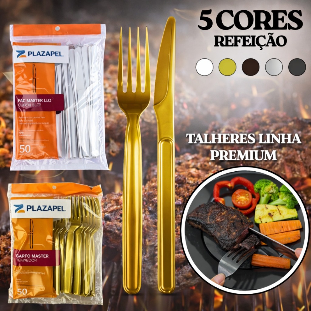 Kit 100 Talheres Churrasco Faca Garfo Acrílico Plastico Reforçado Dourado Ouro Dourado Preto Branco Master Refeição em Oferta na Shopee
