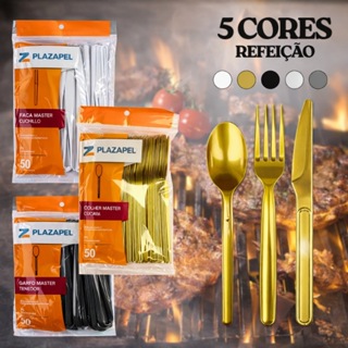 Kit 150 Talheres Master Refeição Descartável Plastico Facas Garfos Colheres Reforçada Churrasco Dourado Preto Branco em Oferta na Shopee