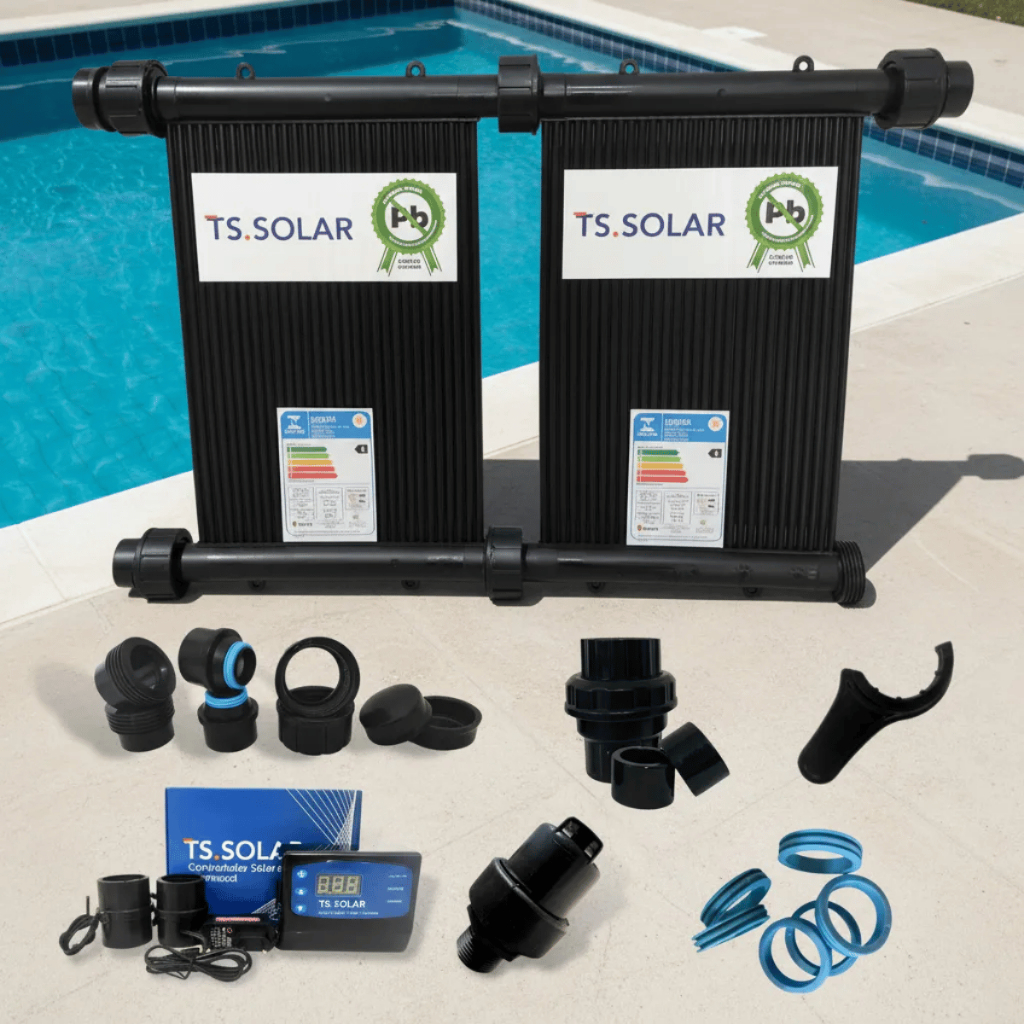 Kit Aquecedor Solar Piscina 5 Placas TS Solar + Kit Fechamento + Controlador Digital + Válvulas