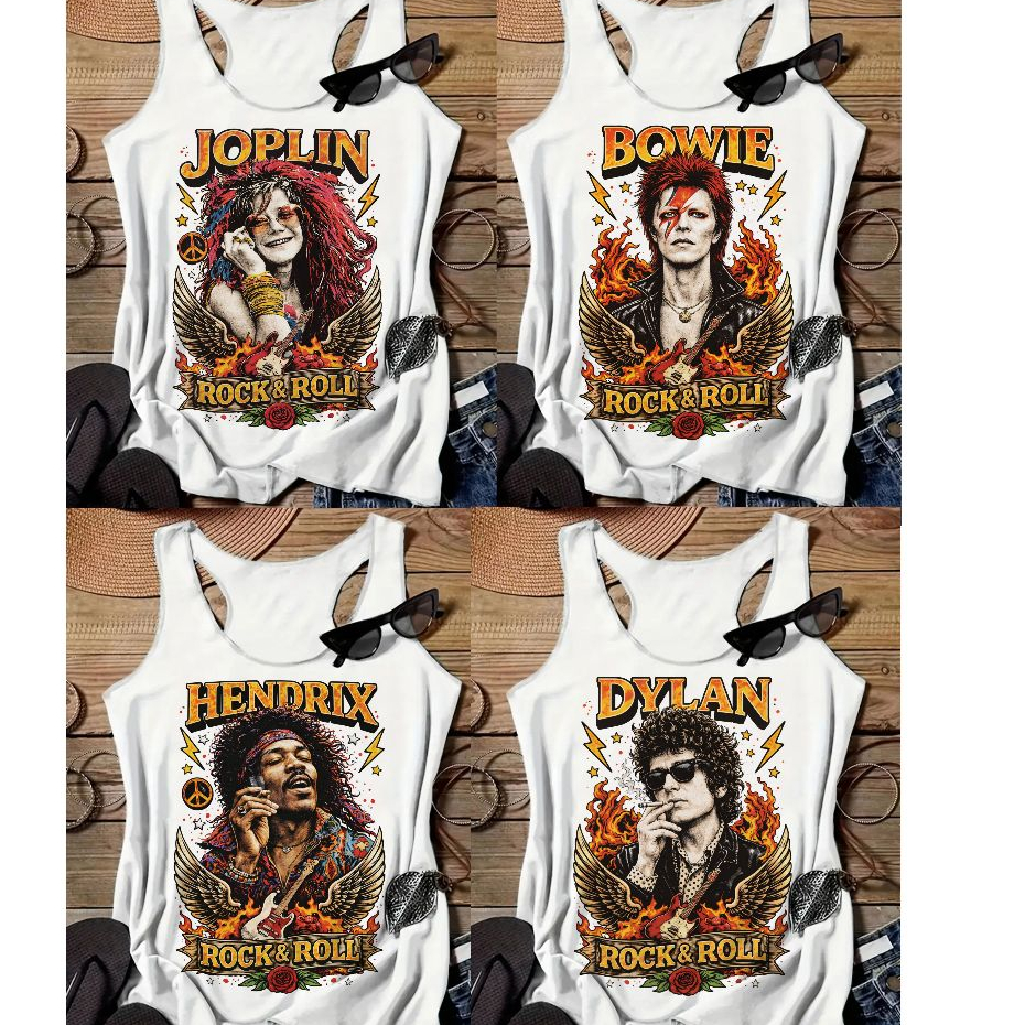 blusa regata rock anos 60 e 70, janis joplin, jimi hendrix, david bowie, bob dylan, regatinha estilosa verão