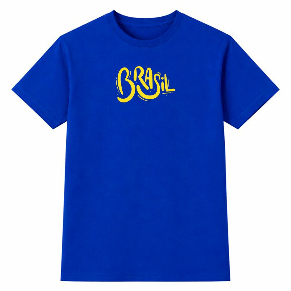 Camiseta Masculina 100% Algodão Camisa Brasil Tipografia Cursiva Futebol Copa do Mundo Casual Moda