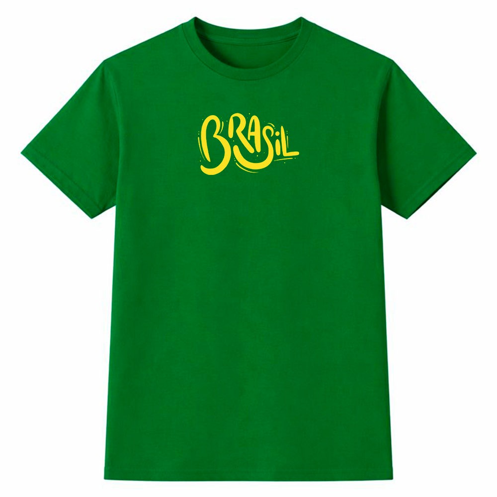 Camiseta Masculina 100% Algodão Camisa Brasil Tipografia Cursiva Futebol Copa do Mundo Moda Casual