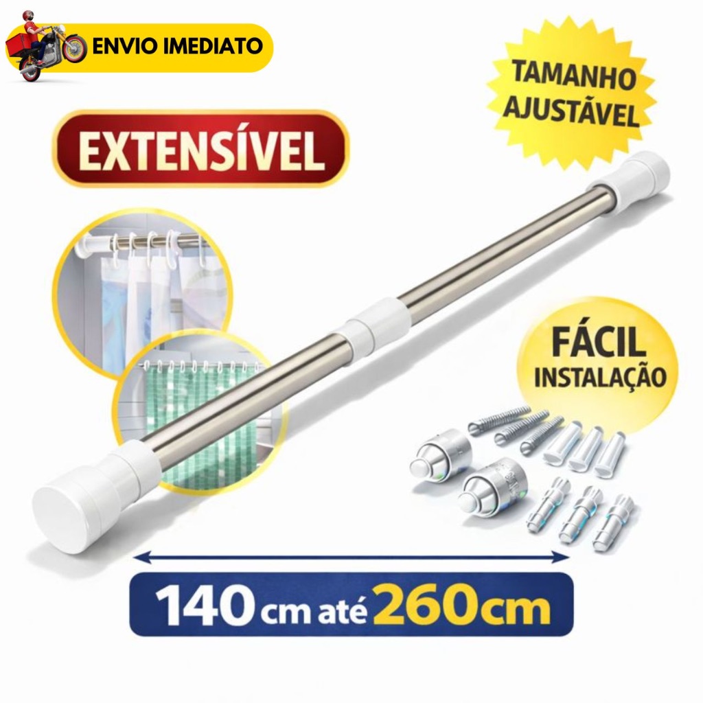 Varão Extensível Grande Em Inox Ajustável Suporte Resistente Bastão Porta Cortina De Box E Banheiro Multiuso Varão Extensível Grande Em Inox Ajustável Suporte Resistente Bastão Porta Cortina De Box E Banheiro Multiuso