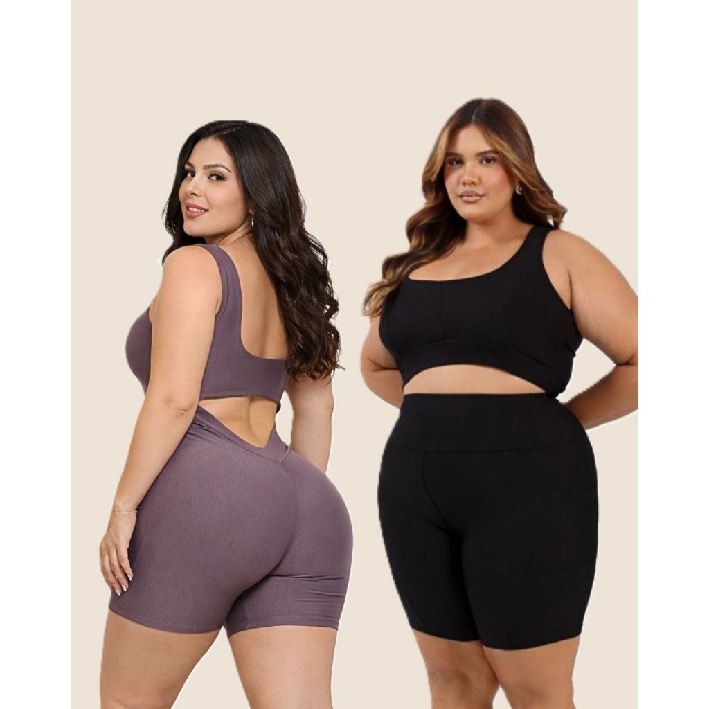 Kit Macacão e Conjunto Fitness Para Academia M ao GG Tecido premium Top Cropped e Short com Bolso
