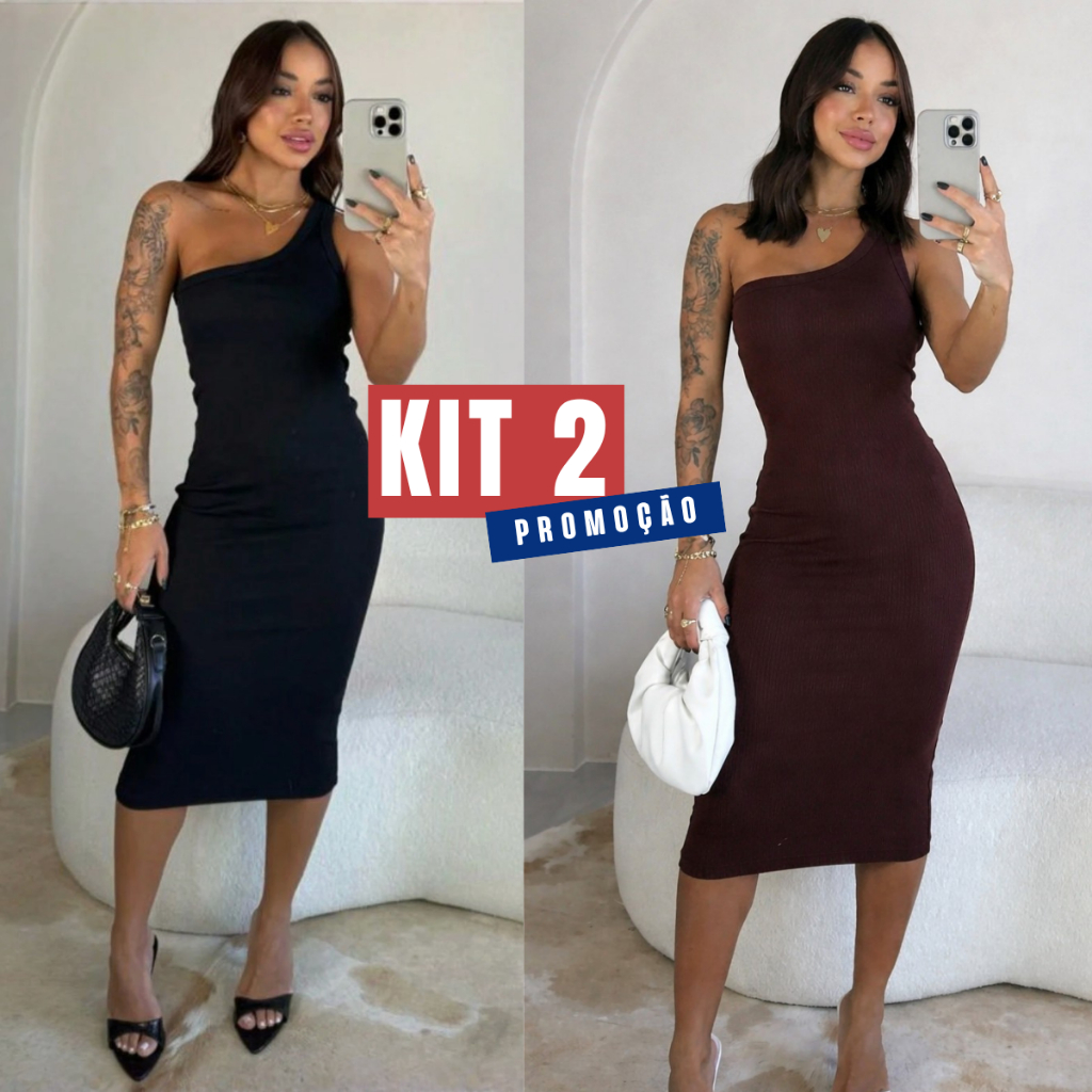 Kit 2 Vestido Feminino Midi Mula Manca Longo Canelado Tubinho Moda Top
