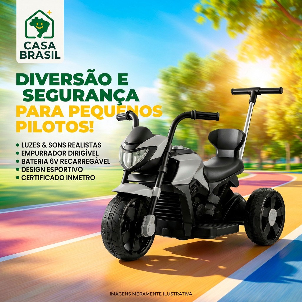 Moto Elétrica Infantil 6v Empurrador Luz Som Bateria Recarregável Passeio Criança Cinza Motoca