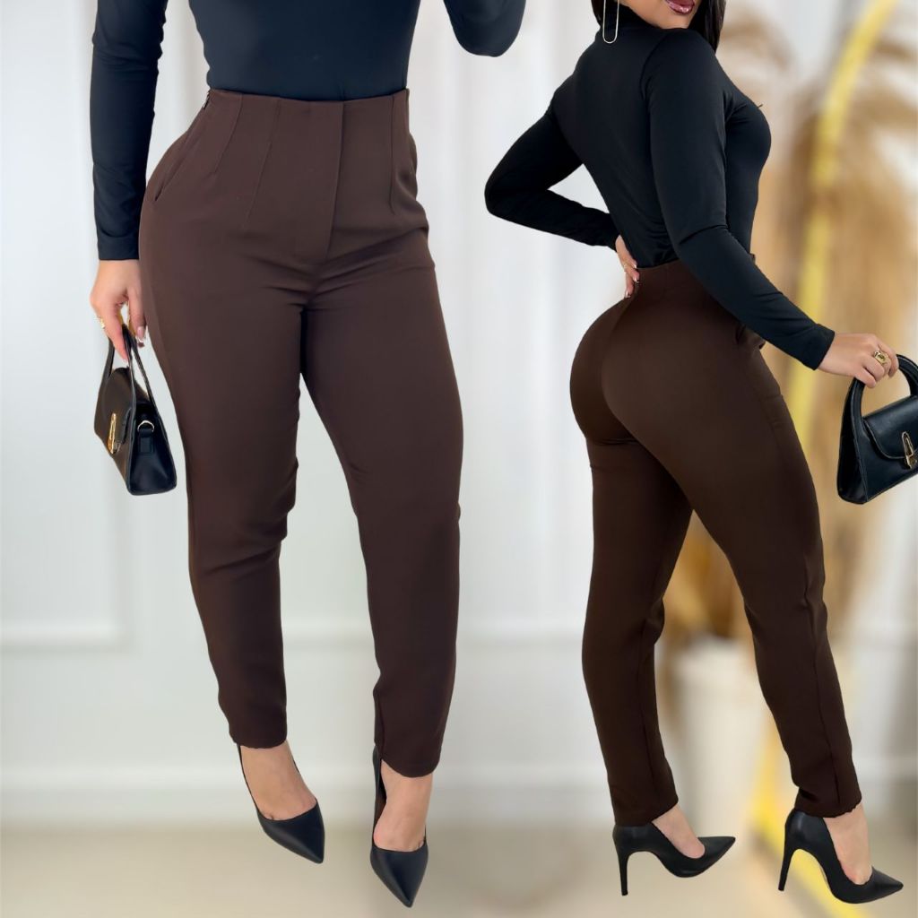 Calça Feminina Social Alfaiataria Skinny Cintura Alta Elegante Casual Com Zíper Lateral Blogueira em Oferta na Shopee