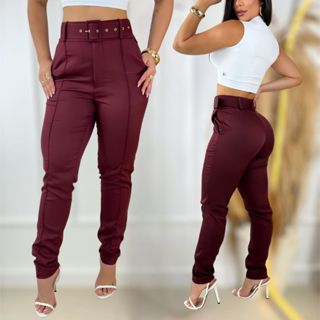Calça Alfaiataria Com Cinto Feminina Social Elegante Com Zíper Casual Com Bolsos Cintura Alta em Oferta na Shopee