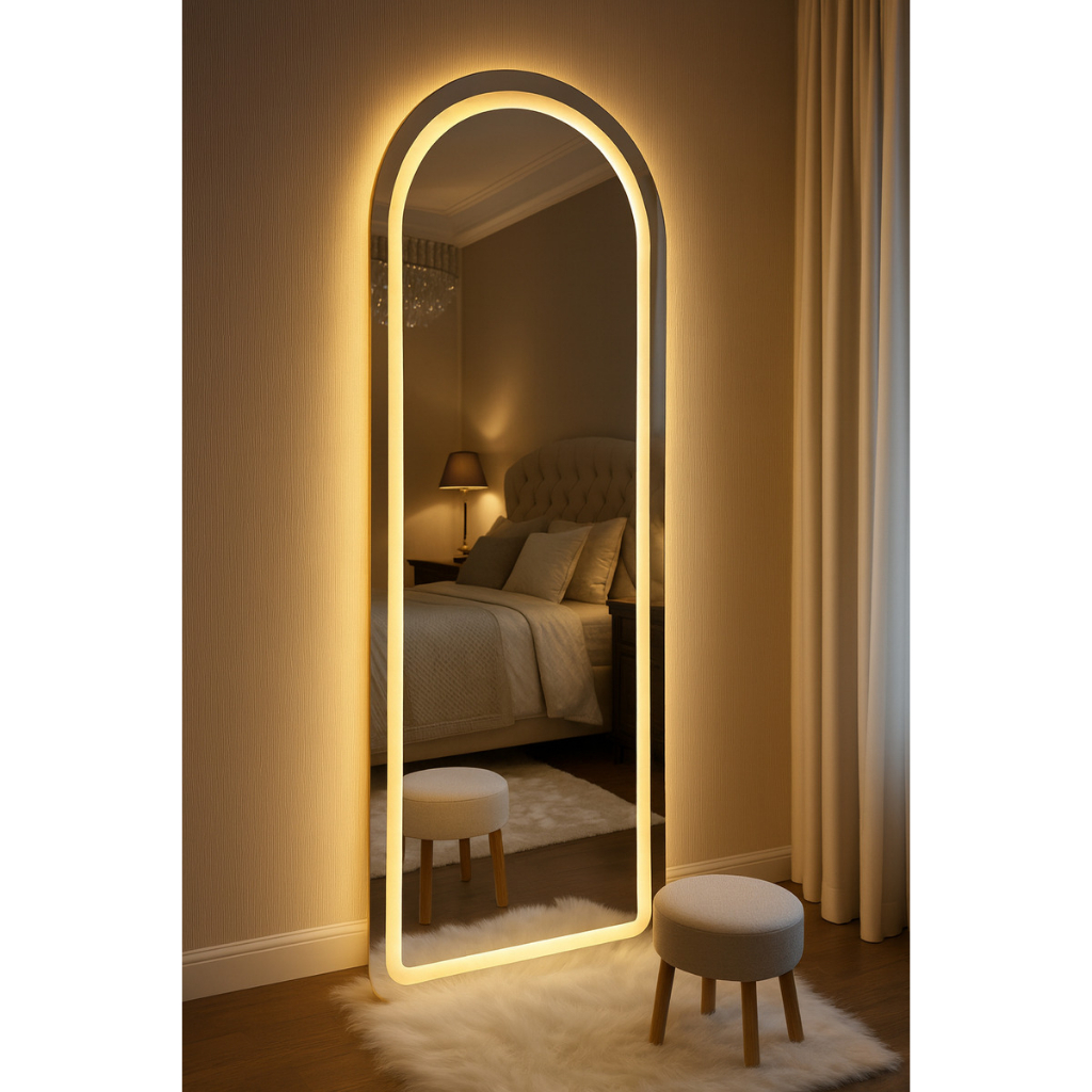 Espelho Janela EL13 Corpo Inteiro 170cm x 70cm Polido LED Jateado Luz Branca e Luz Amarela Sala Quarto Banheiro