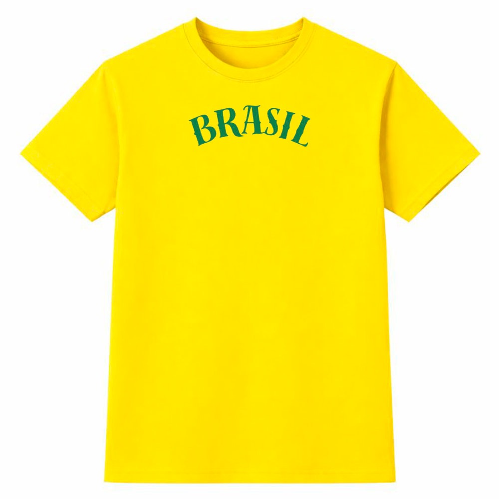 Camiseta Masculina 100% Algodão Camisa Brasil Tipografia Arqueada Futebol Copa do Mundo Casual Moda