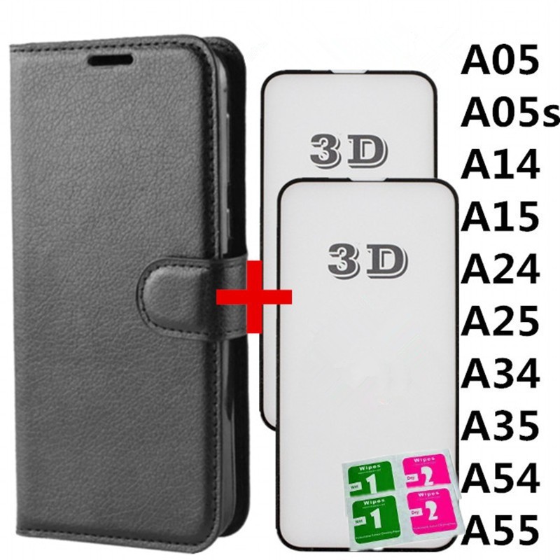 Kit Capa Capinha Carteira Flip + 2 Película de vidro 3D Para Samsung Galaxy  A05/A05s/A14/A15/A24/A25/A34/A35/A54/A55