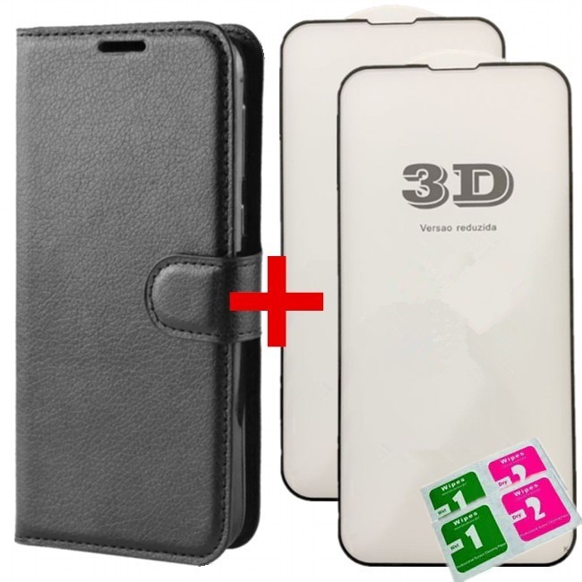 Kit Capa Capinha Carteira Flip + 2 Película de vidro 3D Para Samsung Galaxy A - Capinha Protetora 360