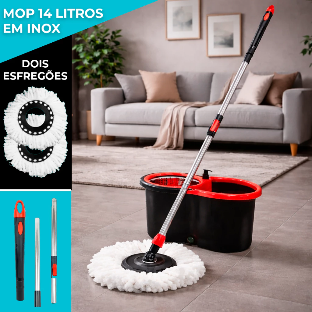 Mop C/ cabo de 125 cm + 2 Refis - Rodinhas e Cesto Em Inox - Balde Centrífuga — imagem 1