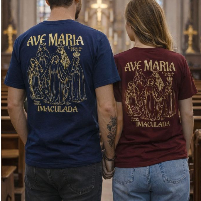 Kit 2 Camisetas Cristã Casal Ave Maria Imaculada Nossa Senhora Camisa Católica Religiosa
