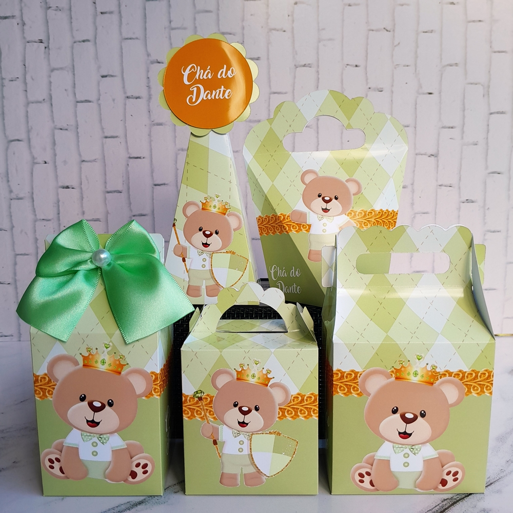 Kit Festa Personalizados Chá de Bebe Ursinho Príncipe Verde Lembrancinhas Chá de Fraldas Chá Revelação