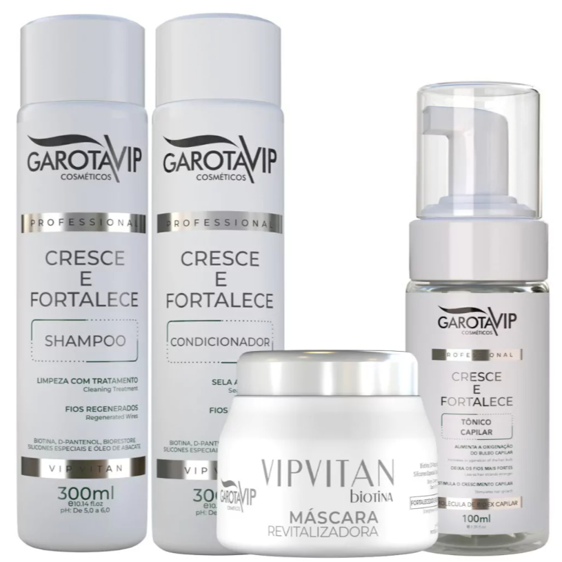 KIT DE CRESCIMENTO CAPILAR SHAMPOO, CONDICIONADOR, MASCARA E TÔNICO CRESCE E FORTALECE GAROTA VIP
