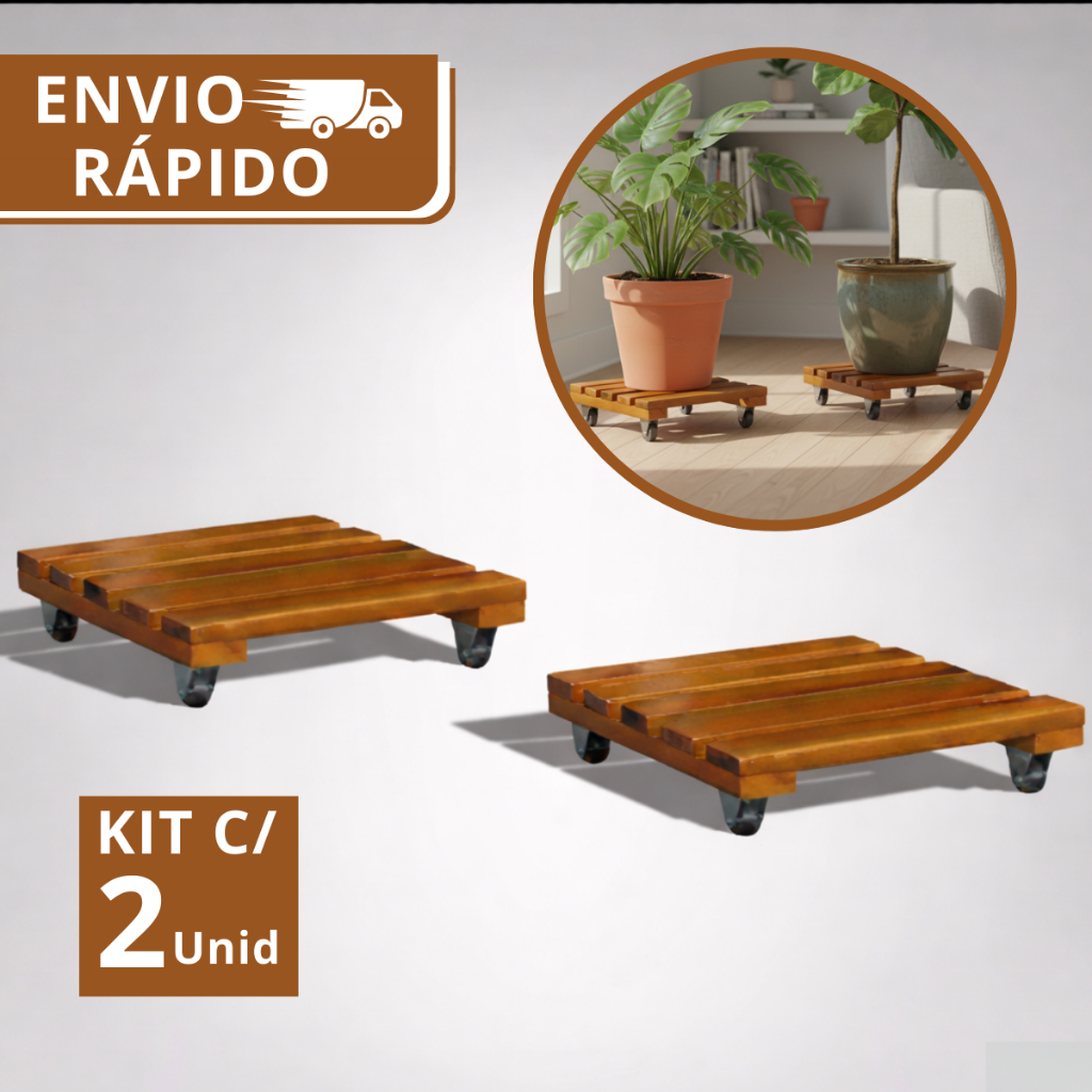 Kit 2 Suportes Quadrado Madeira Com Rodinhas Para Botijão Ou Vaso De Planta 30CM  Suporta Até 80 kg em Oferta na Shopee