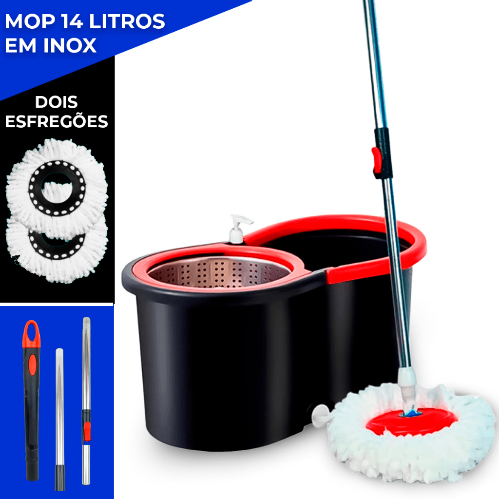 Mop C/ cabo de 140 cm + 2 Refis - Rodinhas e Cesto Em Inox - Balde Centrífuga