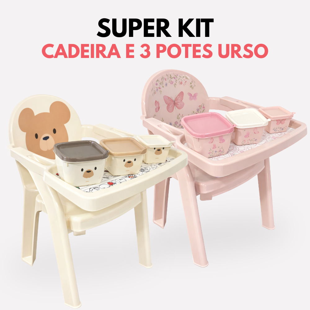Super Kit Cadeira de Alimentação Bebê Infantil +3 potes  Safari Urso Creme Jardim Encantado