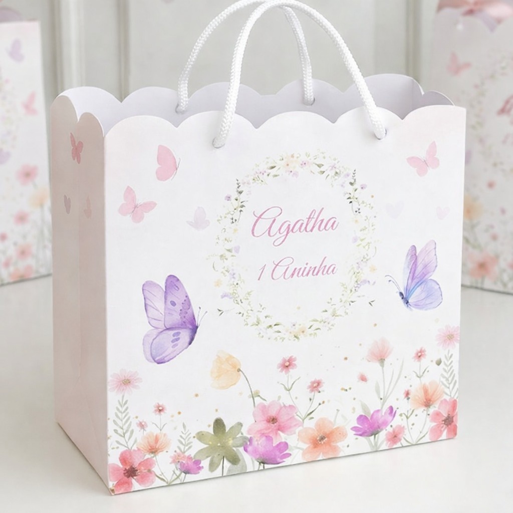 Sacolinha PEGUE E MONTE personalizada Jardim e borboleta Lembrancinha Aniversario infantil