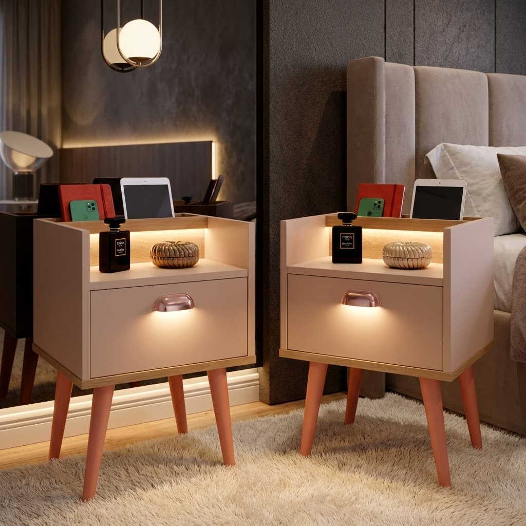 Kit 2 Mesas de Cabeceira Criado Mudo Retrô Com 1 Gaveta, Nicho Porta Acessórios COMPACTO Milena