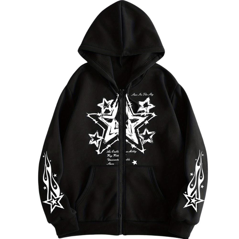 Moletom Oversized Zíper Despojado Estampa Estrelas Streetwear Flanelado Confortável Algodão
