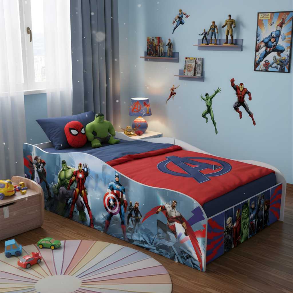 Cama Infantil Montessoriana Menino Avengers MDF Segura com Proteção Lateral