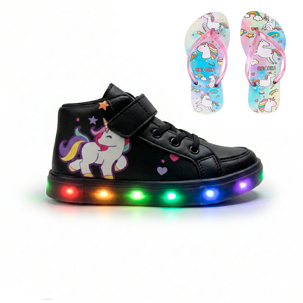 Tênis Feminino Infantil De Led Botinha de Unicórnio Infantil Escolar + Chinelo em Oferta na Shopee