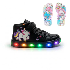 Tênis Feminino Infantil De Led Botinha de Unicórnio Infantil Escolar + Chinelo