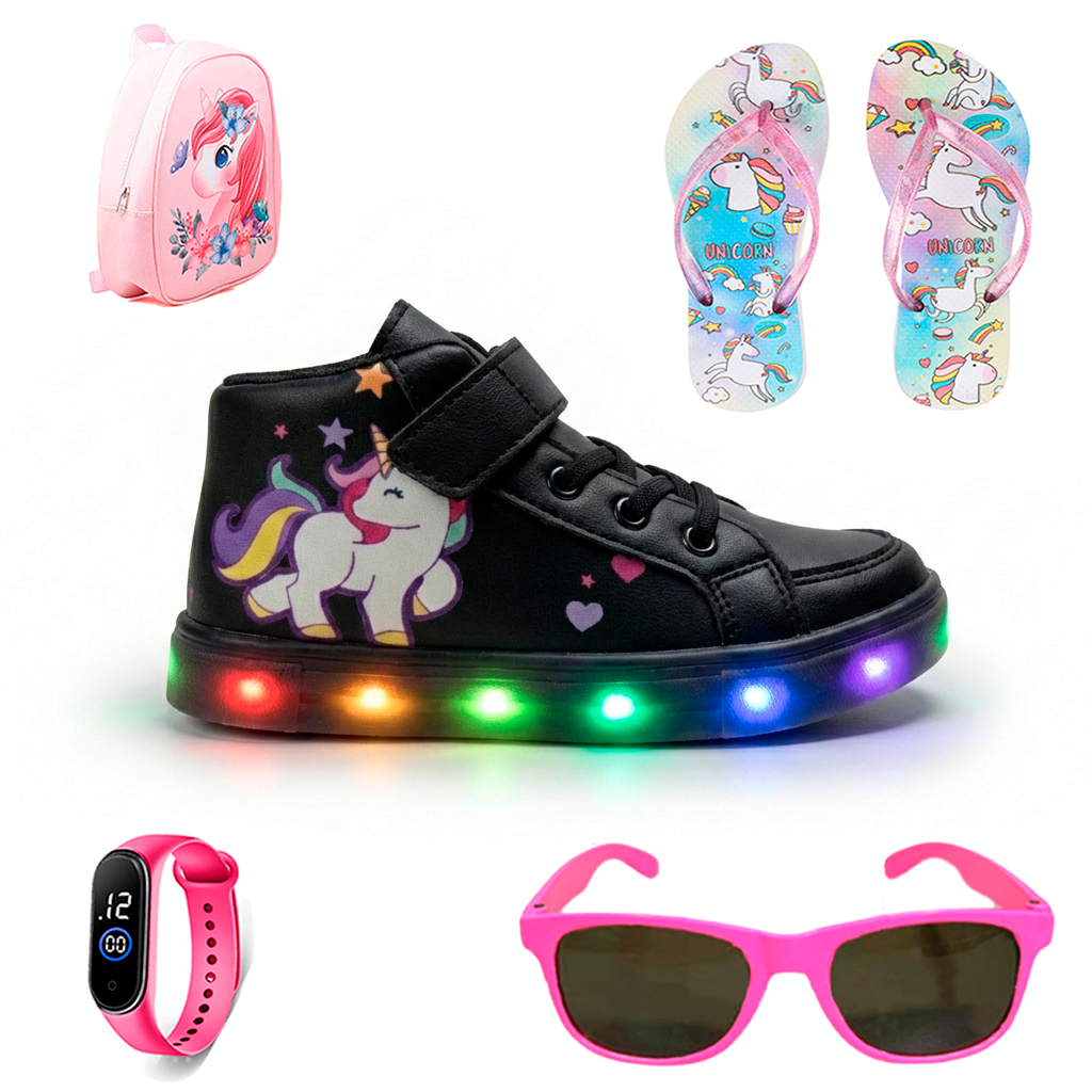 Tênis Feminino Infantil De Led Botinha de Unicórnio Infantil Escolar + Mochila + Chinelo + Oculos + Relogio