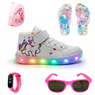 Tênis Feminino Infantil Botinha De Led Meninas Unicórnio + Mochila Unicórnio Chinelo Óculos Relógio em Oferta na Shopee