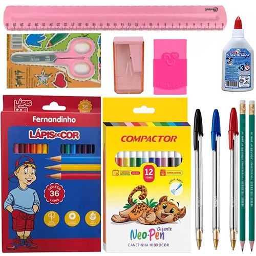 Kit 58 Peças Material Escolar Lapis 36 Cores Caneta Bic Regua Tesoura Juvenil Infantil Promoça Prese