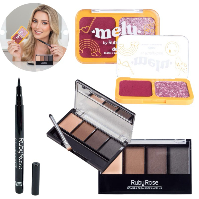 Kit De Maquiagem Ruby Rose By Melu: Paleta De Blush e Iluminador + Paleta Sobrancelha + Delineador