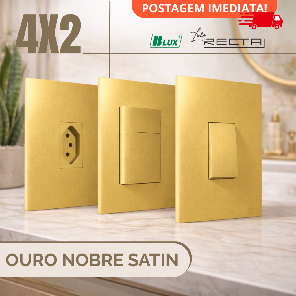 Conjunto Tomada 10A 20A Dourada 4x2 Interruptor Ouro Nobre Tecla Simples Paralelo Recta Satin Fosco BLUX em Oferta na Shopee