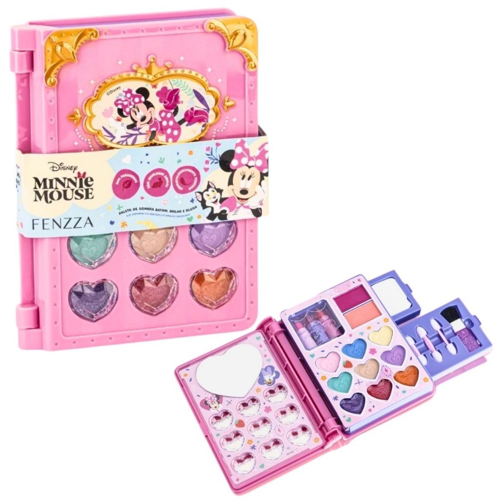 Kit Maquiagem Fennza Diário Minnie Menina Paleta Sombra Batom Brilho Blush