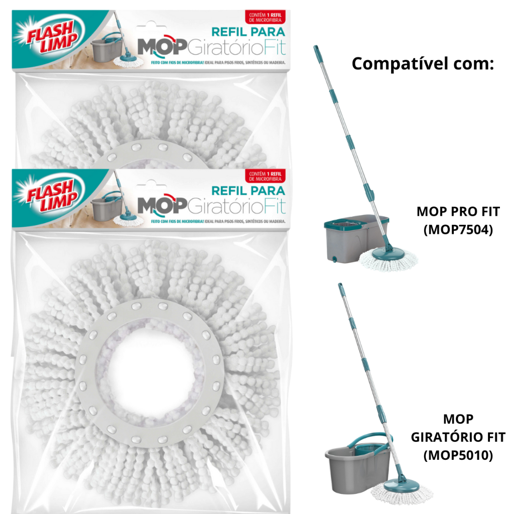 Kit 2 Refil 13,5 cm Mop Giratório Fit Flash Limp Balde 8 Litros Esfregão Microfibra