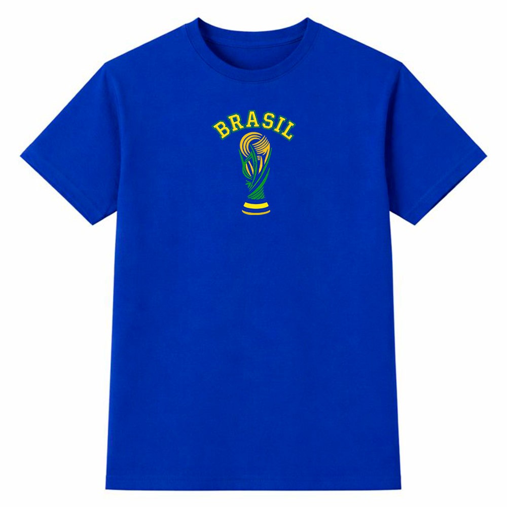 Camiseta Masculina 100% Algodão Camisa Brasil Troféu Futebol Copa do Mundo Retrô Esportivo Casual