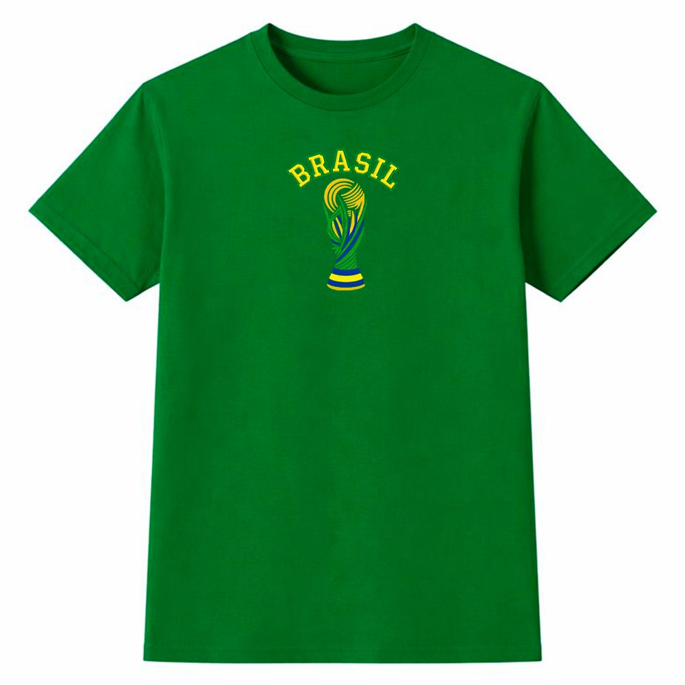 Camiseta Masculina 100% Algodão Brasil Troféu Futebol Estilo Copa do Mundo Retrô Esportivo Casual