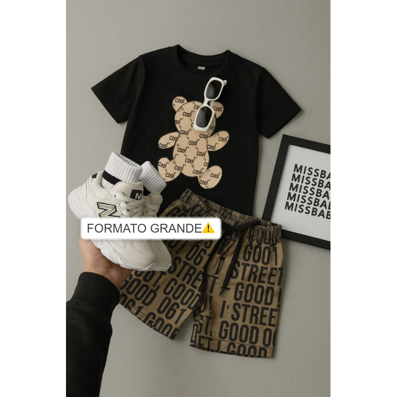 Conjunto Infantil Menino Juvenil Blogueirinho Estiloso do 2 ao 12 anos | BERMUDA drip e  camiseta preta urso AZEITONA