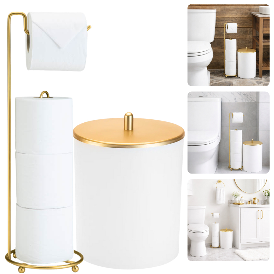 Kit Banheiro Lavabo Lixeira Porta Papel Higiênico Luxo Dourado Acessórios Lixinho Papeleira