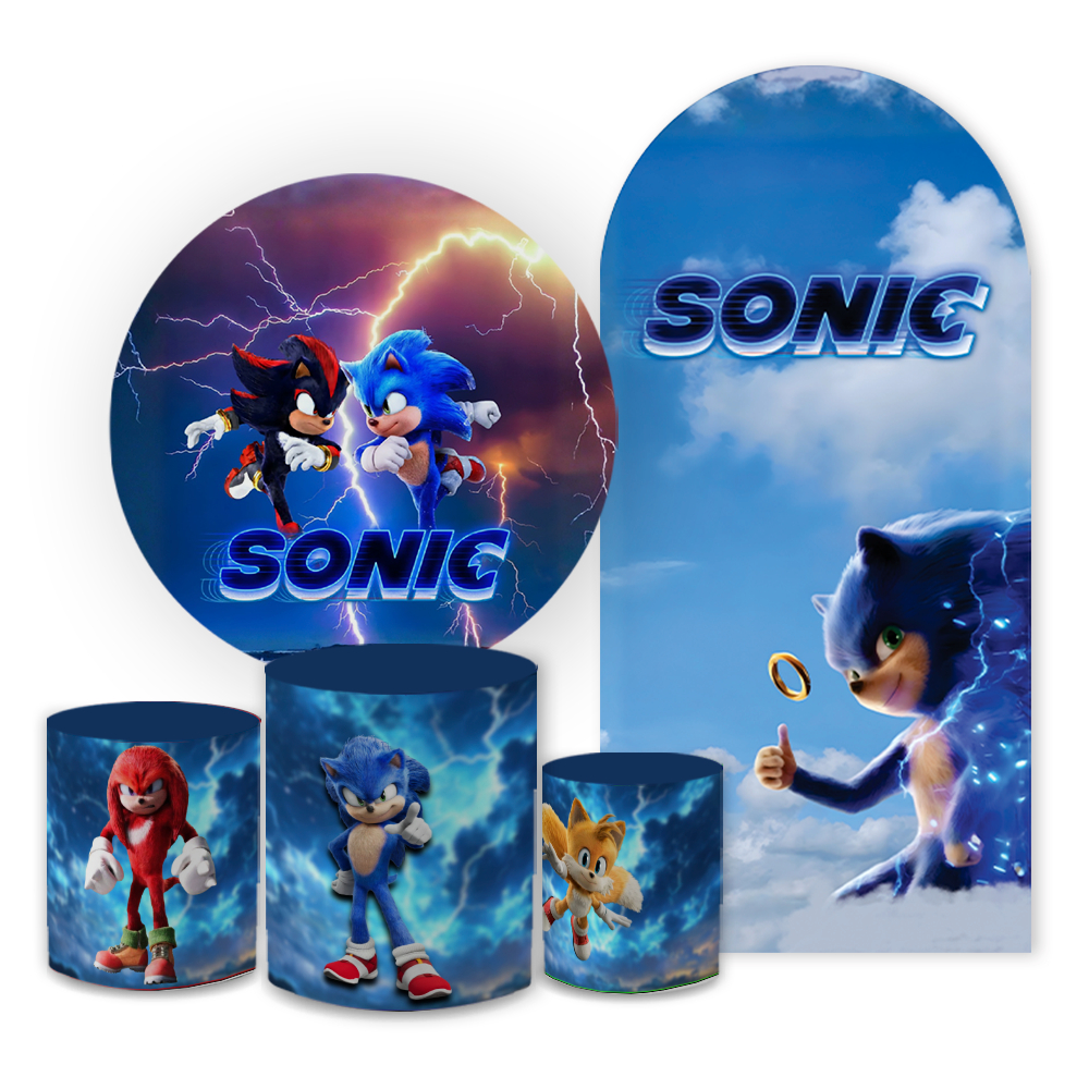 Kit Capa Painel Redondo + Trio Cilindro Tema: Shdow Infantil  Festa S0nic Completo Veste Fácil Bibi