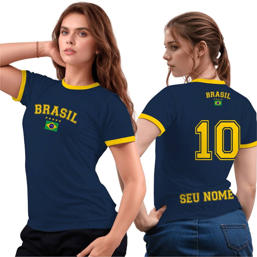 Babylook camiseta feminina Brasil Copa do mundo Nação patriota pátria amada Personalizada com nome