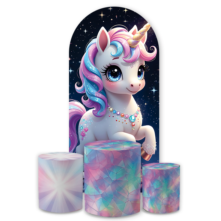 Kit Capa Painel Redondo  + Trio Cilindro Sublimado Festa Decoração Unicórnio Menina Veste Fácil Bibi