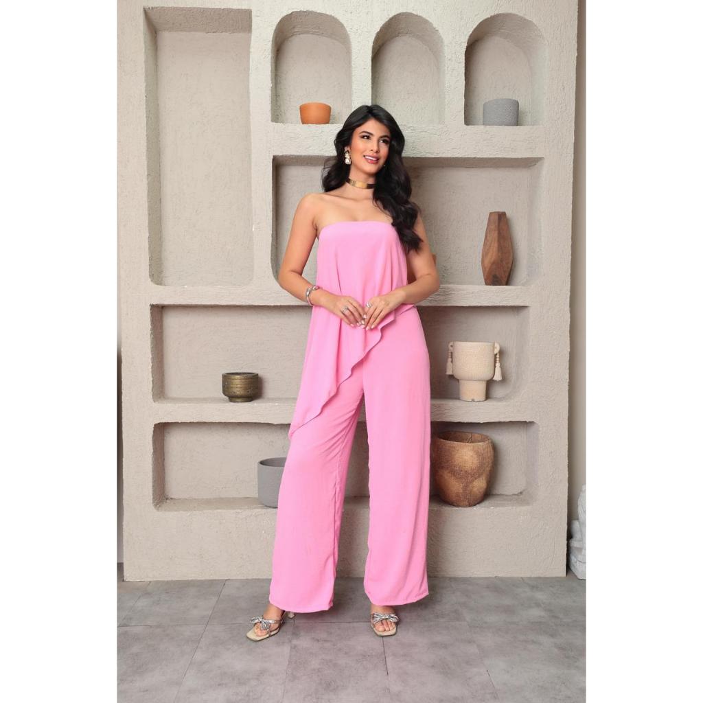 Macacão Feminino Pantalona Tomara que Caia Elegante com Camada Fluida – Moda Festa e Casual