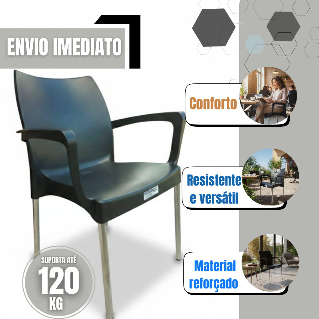 CADEIRA POLTRONA PLÁSTICA PRETA COM BRAÇOS E PÉS EM ALUMÍNIO INJEPLASTEC P/ 120KG em Oferta na Shopee