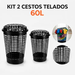 Kit 2 Cestos Telado 60Lts Com Tampa Preto