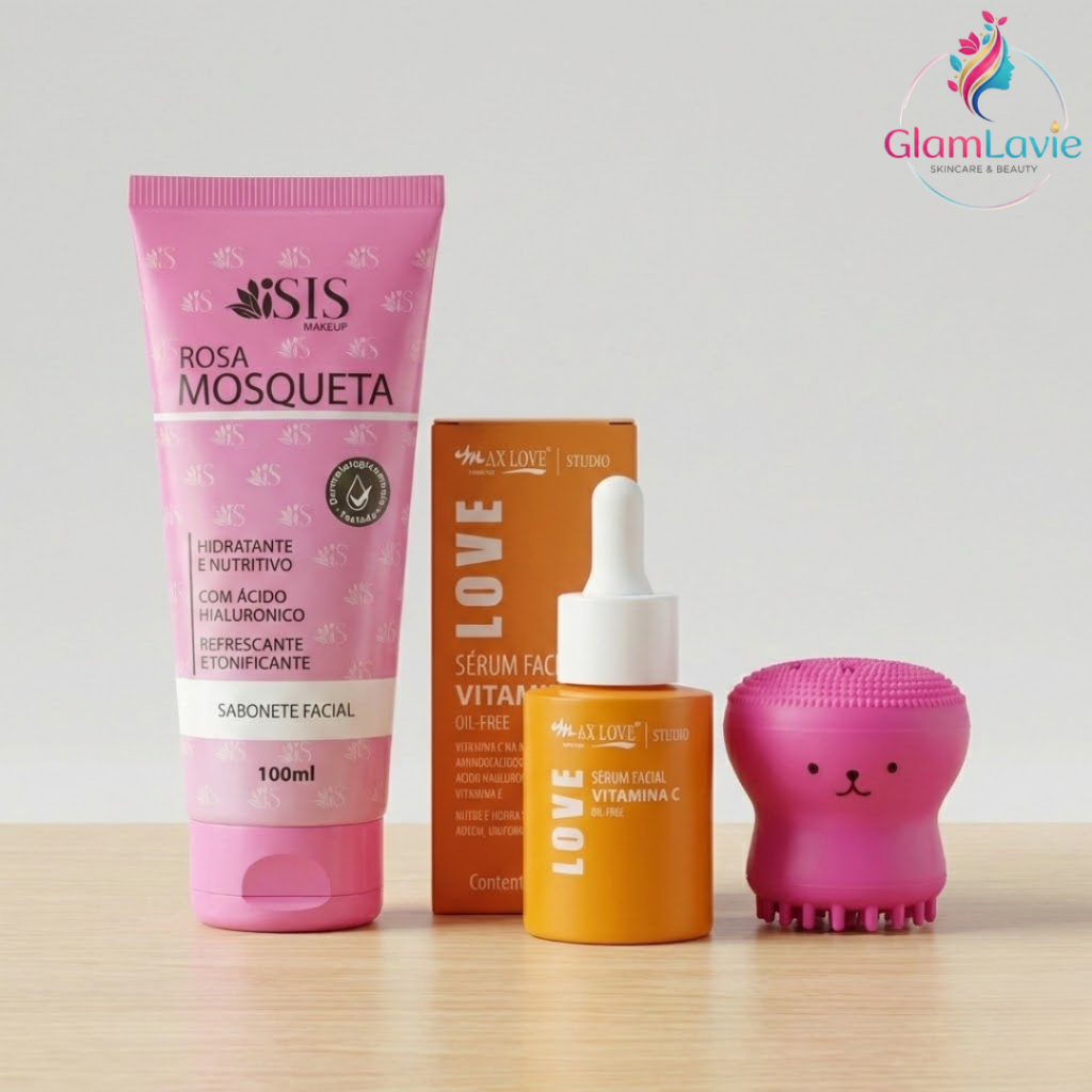 Kit Sabonete Facial Vitamina C ou Rosa Mosqueta + Serum Vitamina C Love + Esponja Buchinha de Lavar Rosto Polvo